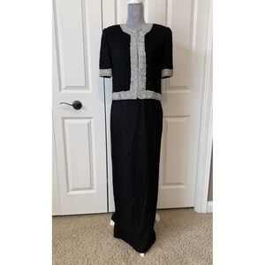 Camille Marie Sz MED 100% Silk Beaded evening gown Formal Black‎ Tie Dress MOB